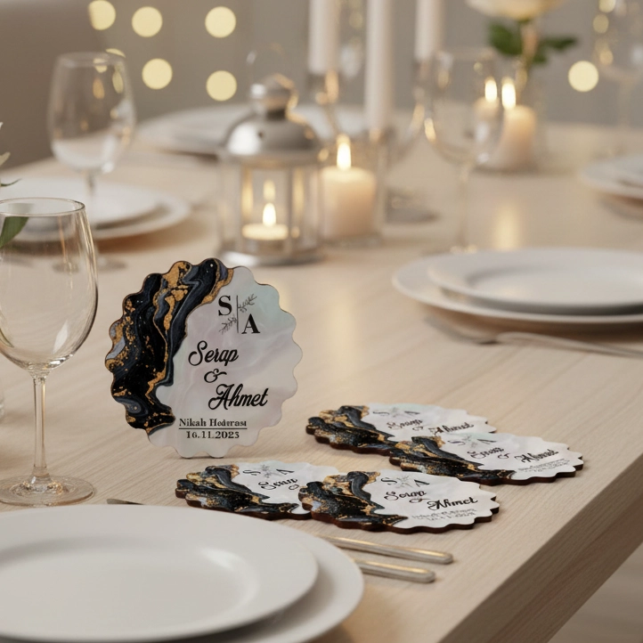 Epoksi-Mermer Görünümlü Ahşap Magnet - Siyah - Kişiye Özel Nikah & Düğün Hediyeliği