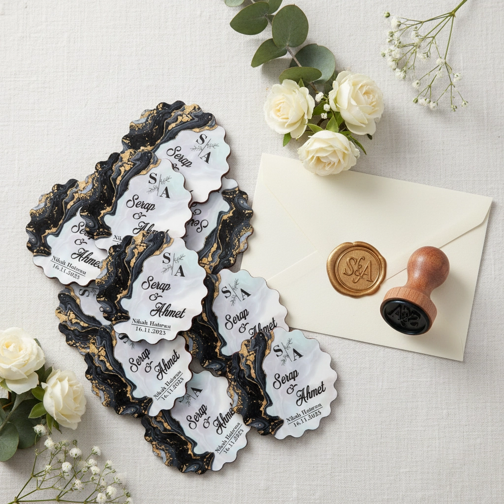 Epoksi-Mermer Görünümlü Ahşap Magnet - Siyah - Kişiye Özel Nikah & Düğün Hediyeliği