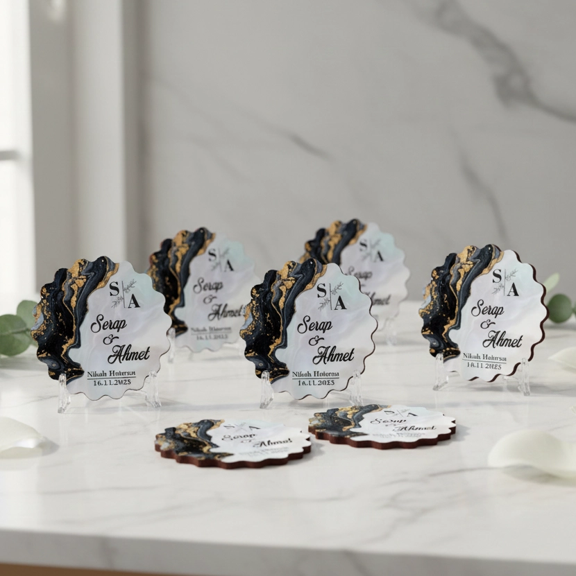 Epoksi-Mermer Görünümlü Ahşap Magnet - Siyah - Kişiye Özel Nikah & Düğün Hediyeliği