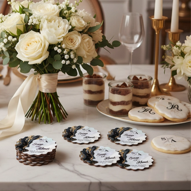 Epoksi-Mermer Görünümlü Ahşap Magnet - Siyah - Kişiye Özel Nikah & Düğün Hediyeliği