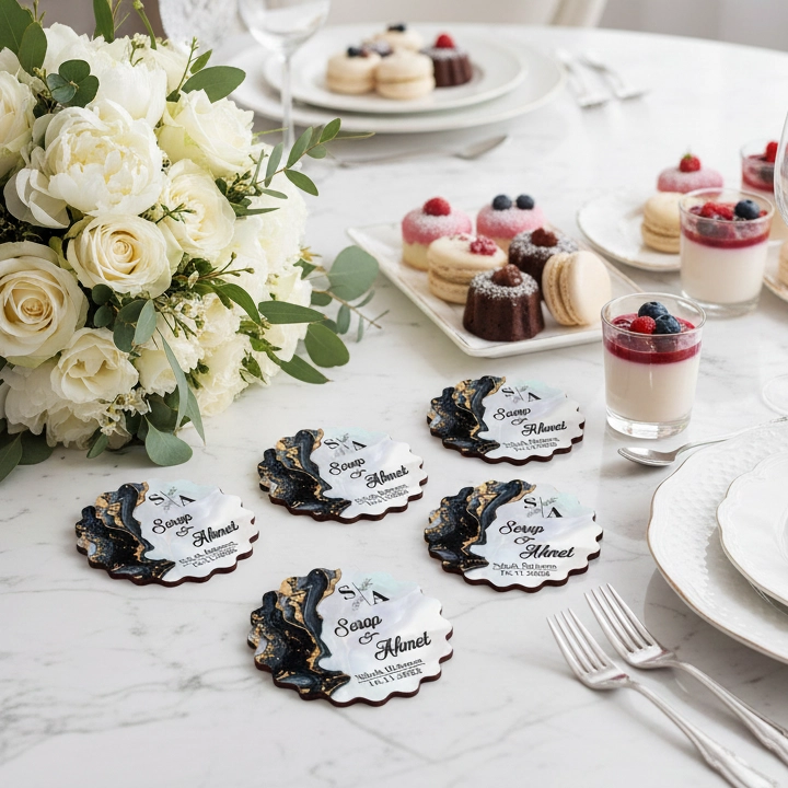 Epoksi-Mermer Görünümlü Ahşap Magnet - Siyah - Kişiye Özel Nikah & Düğün Hediyeliği